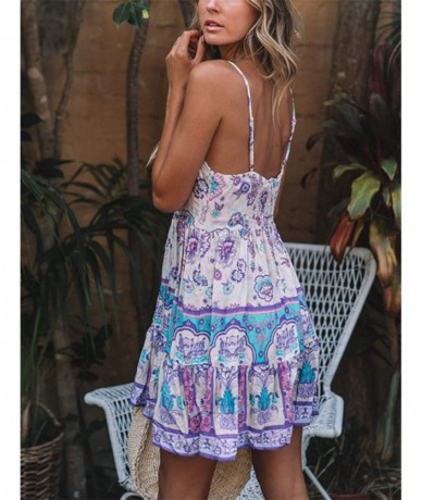 Cover-Ups Women Summer Beach Dress- Sexy Bohemian Sundresses Open Back Halter Deep V Lace Floral Skirt- Long Sleeve Chiffon C...