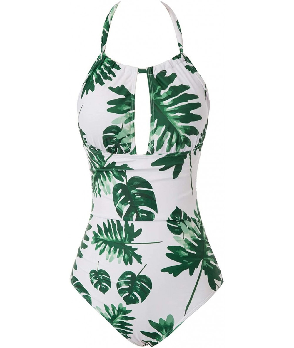 One-Pieces Women One Piece Swimsuit Plunge Deep V Neck Halter Monokinis S-XXL - Leaf - C0196STQW63 $48.03