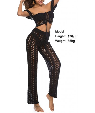 Tops Womens Cover up Pants Swimwear Sexy Knitted Hollow Out Fishnet Crochet Beach High Waist Wide Leg Pants 02 black(108cm) -...