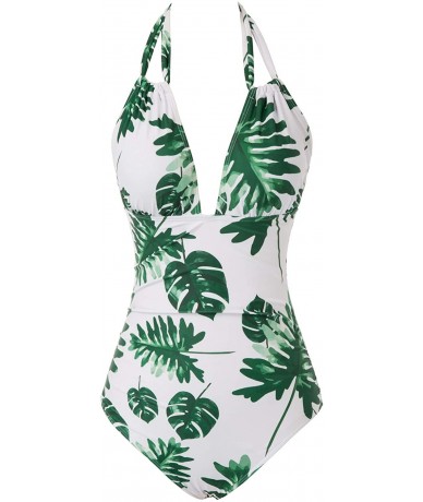 One-Pieces Women One Piece Swimsuit Plunge Deep V Neck Halter Monokinis S-XXL - Leaf - C0196STQW63 $48.03