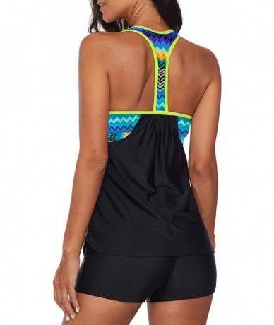 Tankinis Womens Blouson Striped Printed Strappy T-Back Push up Tankini Top with Shorts - Striped Black - CD18T0QUEAM $53.35