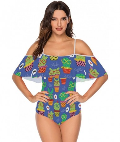 One-Pieces Angelfish Triggerfish Women One Piece Flounce Swimsuit Off Shoulder Bikini - Cheerful Cactus in Glasses - C118UARA...