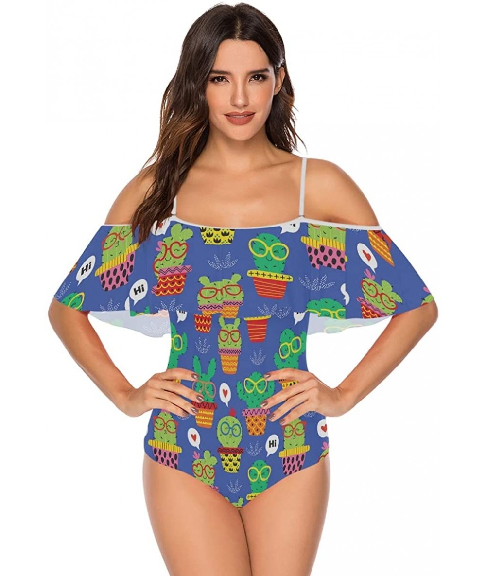 One-Pieces Angelfish Triggerfish Women One Piece Flounce Swimsuit Off Shoulder Bikini - Cheerful Cactus in Glasses - C118UARA...