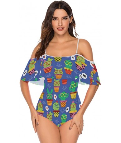 One-Pieces Angelfish Triggerfish Women One Piece Flounce Swimsuit Off Shoulder Bikini - Cheerful Cactus in Glasses - C118UARA...