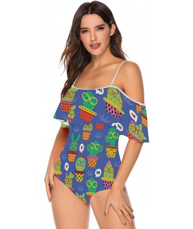 One-Pieces Angelfish Triggerfish Women One Piece Flounce Swimsuit Off Shoulder Bikini - Cheerful Cactus in Glasses - C118UARA...