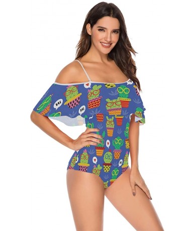 One-Pieces Angelfish Triggerfish Women One Piece Flounce Swimsuit Off Shoulder Bikini - Cheerful Cactus in Glasses - C118UARA...