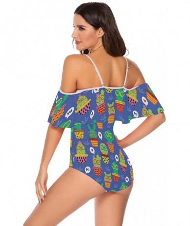 One-Pieces Angelfish Triggerfish Women One Piece Flounce Swimsuit Off Shoulder Bikini - Cheerful Cactus in Glasses - C118UARA...