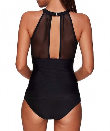 Tankinis Women Two Piece Swimsuit High Neck Plunge Mesh Ruched Tankini Swimwear Black - Black - C4198RLGK3E $51.41