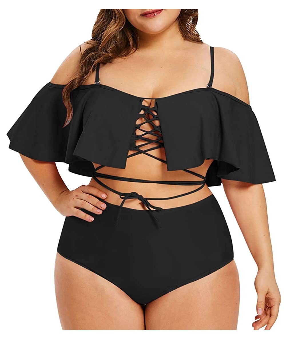 Sets Women's Plus Size Swimwear Two Piece High Waist Swimsuit Bathing Suits - Black - CA18TULUX69 $54.58