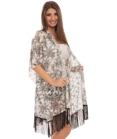 Cover-Ups Womens Summer Sheer Paisley Open-Front Button Kimono Beach Cover-up Scarf - Black Leafy Lace - C0180QMEOL7 $28.75