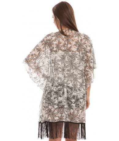 Cover-Ups Womens Summer Sheer Paisley Open-Front Button Kimono Beach Cover-up Scarf - Black Leafy Lace - C0180QMEOL7 $28.75