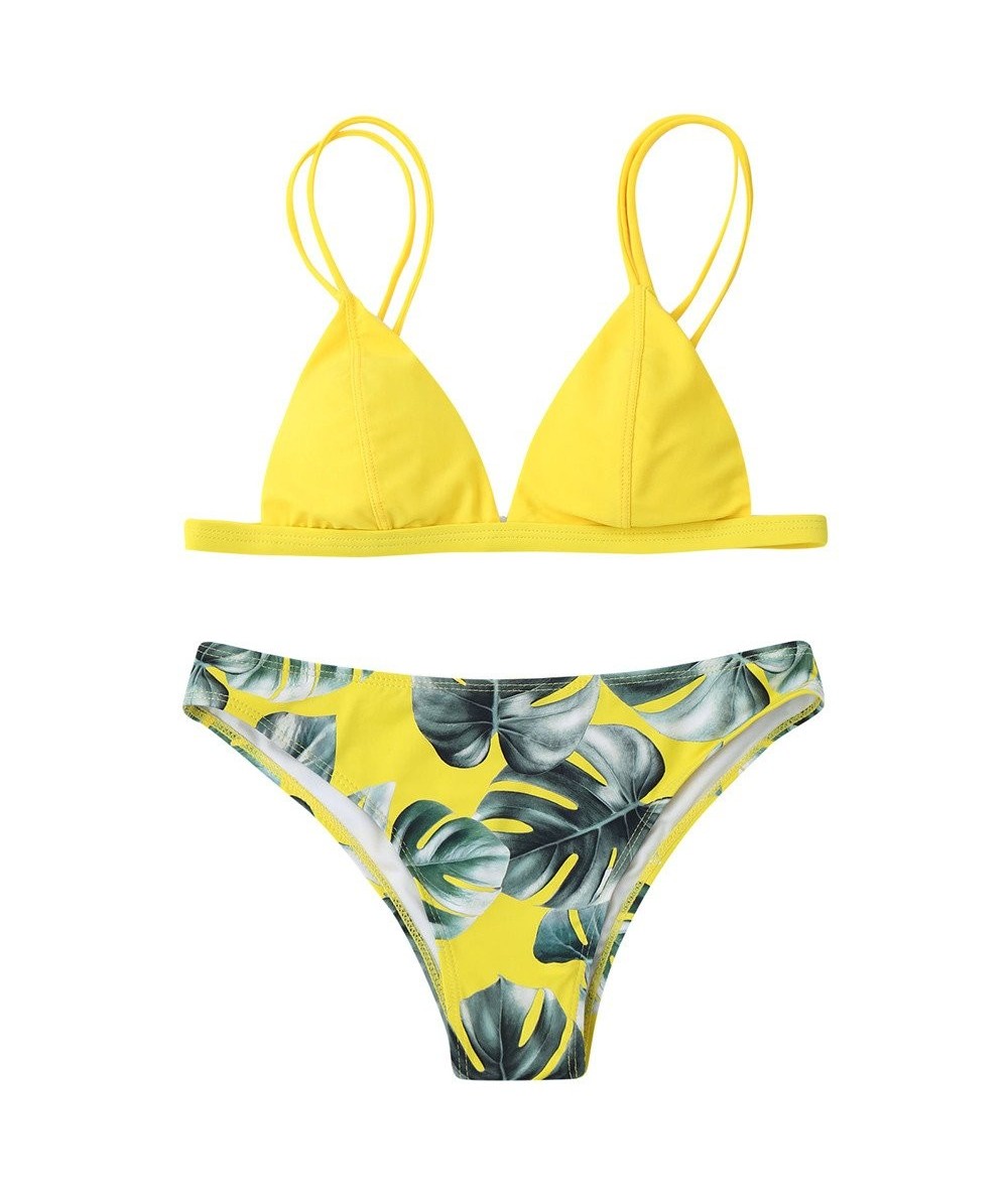 Tops Swimsuit Set for Women Leaves Print Padded Bathing Suits Straps Push-Up Bikini - Yellow - C91952W0Z9Q $48.37