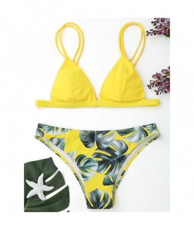 Tops Swimsuit Set for Women Leaves Print Padded Bathing Suits Straps Push-Up Bikini - Yellow - C91952W0Z9Q $48.37