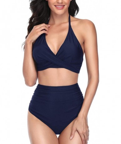 Sets Women Two Piece High Waisted Bikini Tummy Control Swimsuit Halter Twist Front Bathing Suit - Blue - CL194GLYHCK $48.92