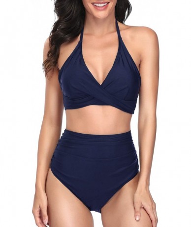 Sets Women Two Piece High Waisted Bikini Tummy Control Swimsuit Halter Twist Front Bathing Suit - Blue - CL194GLYHCK $48.92