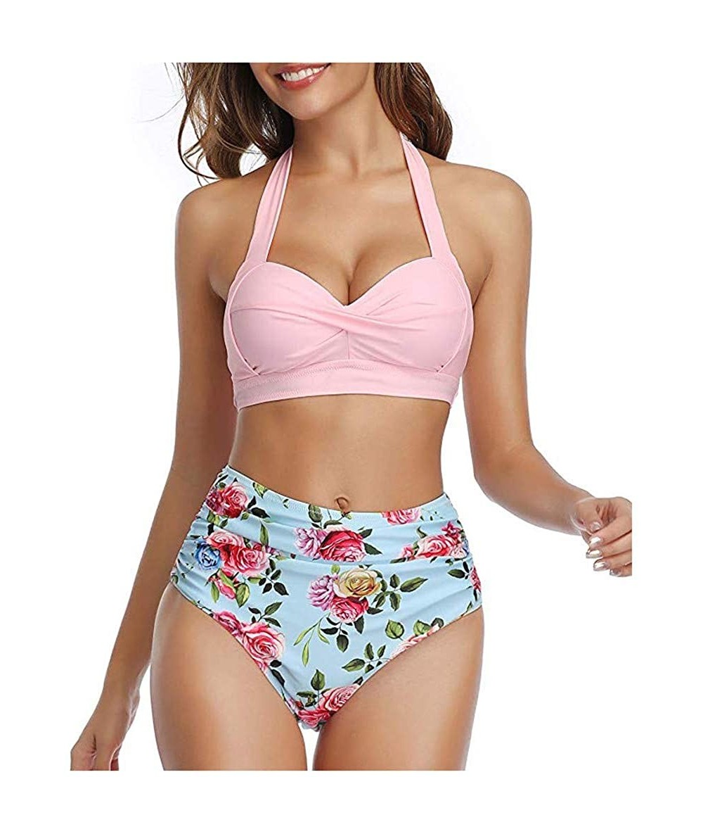 Sets Womens Push up Bikini Set Two Piece Halter Swimsuit High Waist Bathing Suit Sexy Floral Print Swimwear Pink Floral - CK1...