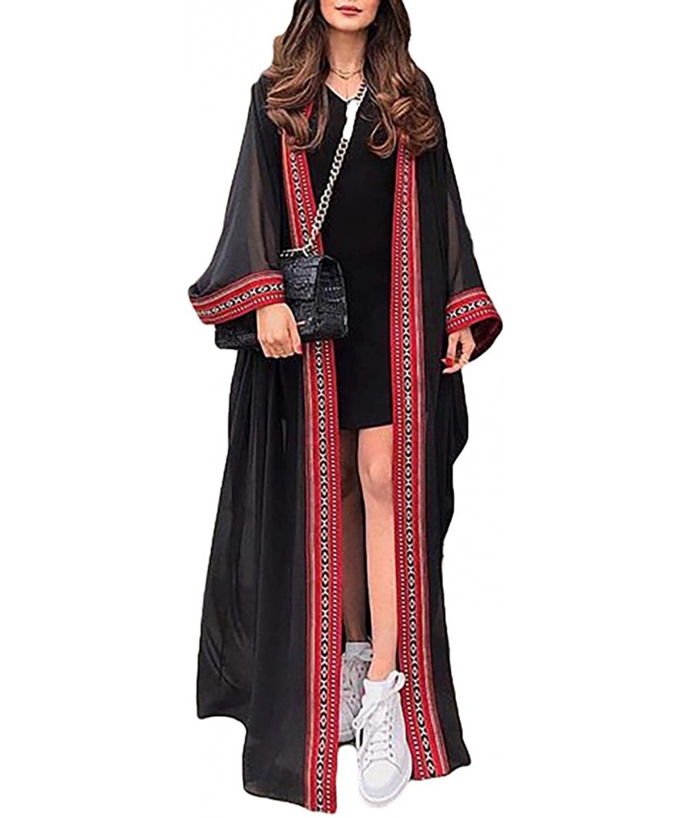 Cover-Ups Women's Flowy Open Front Swimsuit Cover Ups Print Beach Kimono - B-black - C9194GRUEUE $41.67