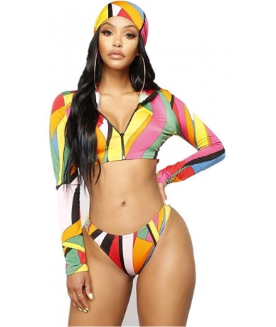 Sets Womens Long Sleeve Zipper Front high Waist Thong Bikini Set 3 Piece Swimsuit - B - CL19D66MWI0 $40.23