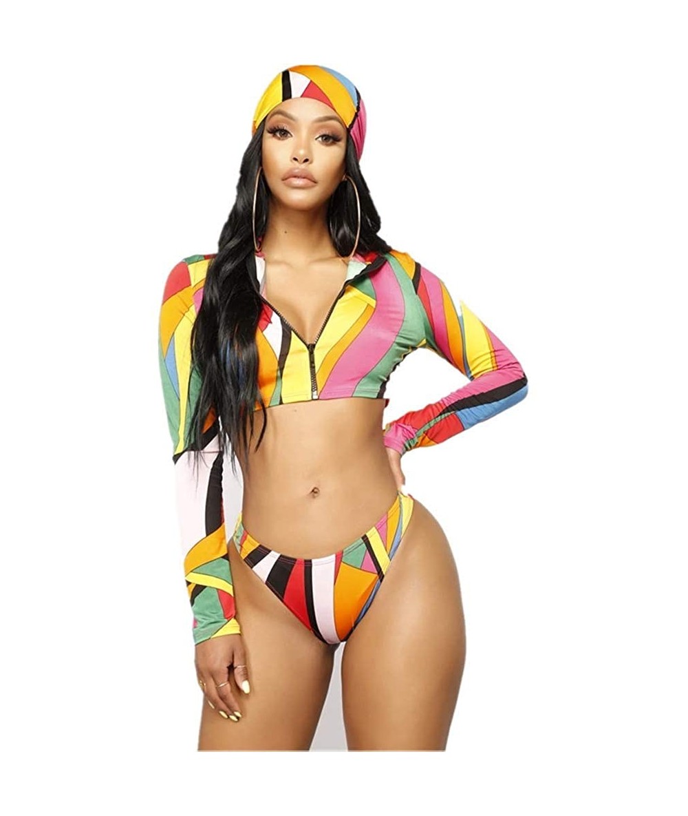 Sets Womens Long Sleeve Zipper Front high Waist Thong Bikini Set 3 Piece Swimsuit - B - CL19D66MWI0 $40.23