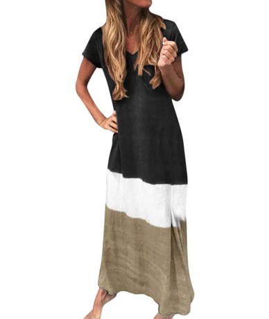 Cover-Ups Plus Size Maxi Dresses-Womens Gradient Color Block Tie-Dyed V Neck Short Sleeve Summer Loose Long Dress - Black - C...