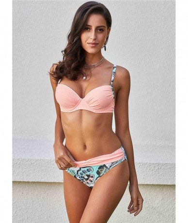 Sets Women Swimwear Two Piece Shoulder Strappy Swimsuit Padded Bikini Set Bathing Suits - Aa Pink - C01905DWU8U $41.09