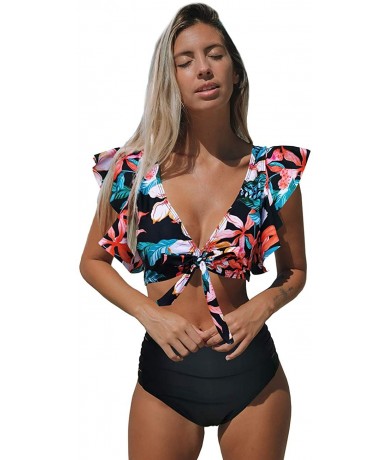 Sets High Waist Flounce Bikini Set Women Front Knot Side Bandage Two Piece Swimsuit Beachwear - Print1 - CI19C5HXCUO $47.21