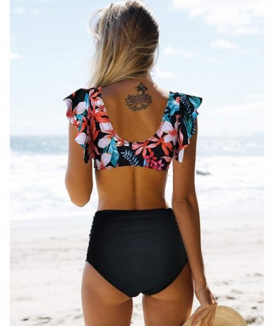 Sets High Waist Flounce Bikini Set Women Front Knot Side Bandage Two Piece Swimsuit Beachwear - Print1 - CI19C5HXCUO $47.21