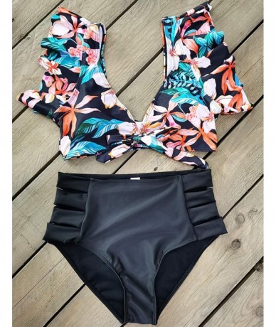 Sets High Waist Flounce Bikini Set Women Front Knot Side Bandage Two Piece Swimsuit Beachwear - Print1 - CI19C5HXCUO $47.21