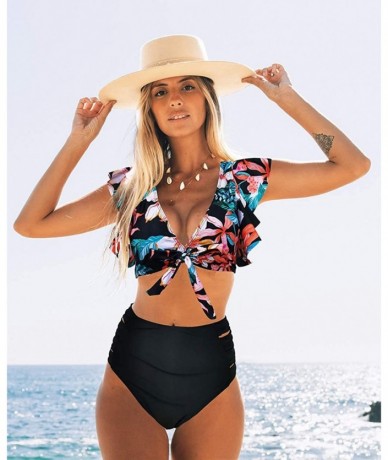 Sets High Waist Flounce Bikini Set Women Front Knot Side Bandage Two Piece Swimsuit Beachwear - Print1 - CI19C5HXCUO $47.21