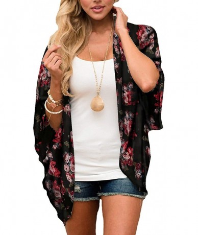 Cover-Ups Kimono Cardigan with Bohemian Floral Print Chiffon Casual Loose Open Front Cover Up Tops - Black - CL196R05Y3H $56.28