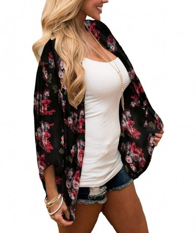 Cover-Ups Kimono Cardigan with Bohemian Floral Print Chiffon Casual Loose Open Front Cover Up Tops - Black - CL196R05Y3H $56.28