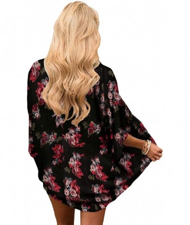 Cover-Ups Kimono Cardigan with Bohemian Floral Print Chiffon Casual Loose Open Front Cover Up Tops - Black - CL196R05Y3H $56.28