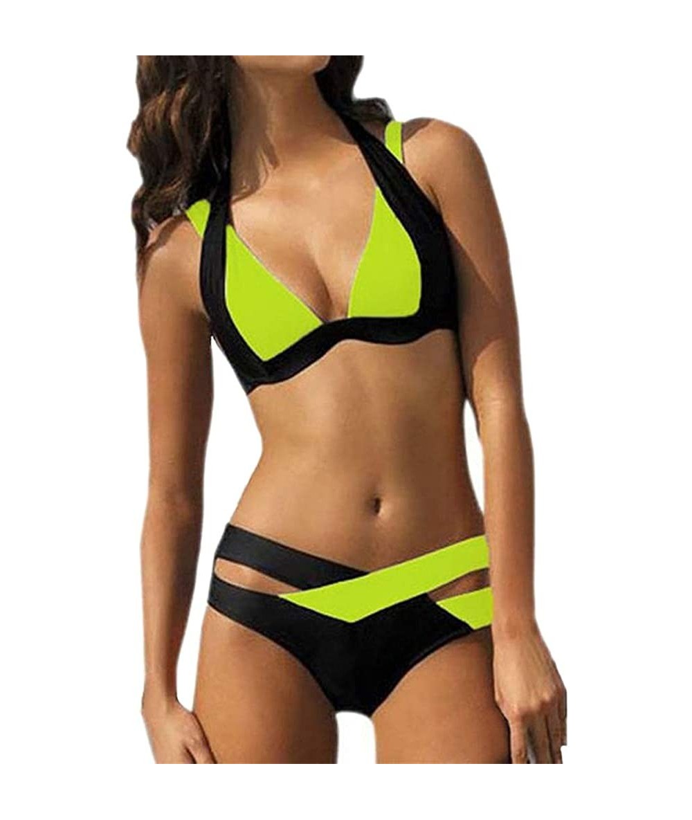 Sets Women's Sexy 2 Piece Color Block Criss Cross Bandage Bikini Set Triangle Bottoms Halter Bathing Suits Swimwear - Fluores...