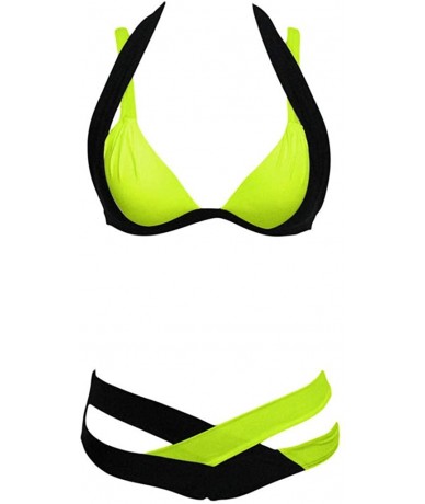 Sets Women's Sexy 2 Piece Color Block Criss Cross Bandage Bikini Set Triangle Bottoms Halter Bathing Suits Swimwear - Fluores...