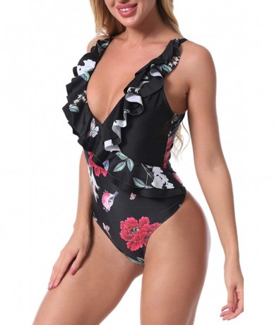 One-Pieces One Piece Swimsuits for Women Plus Size Deep V Neck Retro Flounce Padded Tummy Control Monokini Bathing Suit - Bla...