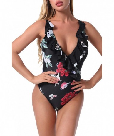 One-Pieces One Piece Swimsuits for Women Plus Size Deep V Neck Retro Flounce Padded Tummy Control Monokini Bathing Suit - Bla...