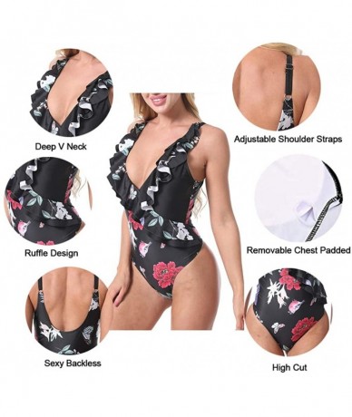 One-Pieces One Piece Swimsuits for Women Plus Size Deep V Neck Retro Flounce Padded Tummy Control Monokini Bathing Suit - Bla...