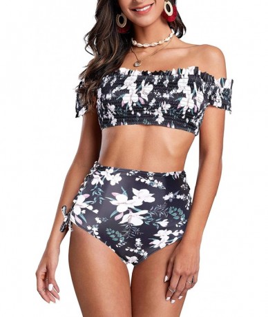 Sets Womens Off Shoulder Two Piece Swimsuits High Waisted Floral Pleated Lace Up Bikini Set Beachwear - Black - CV194K6INTE $...