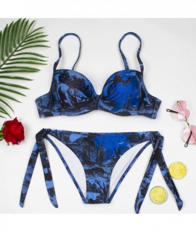 Sets Women's Swimsuit Floral Leaf Print Padded Bathing Suits Adjustable Straps Bikini Set - Blue Floral - C2194LO4M5Y $36.20