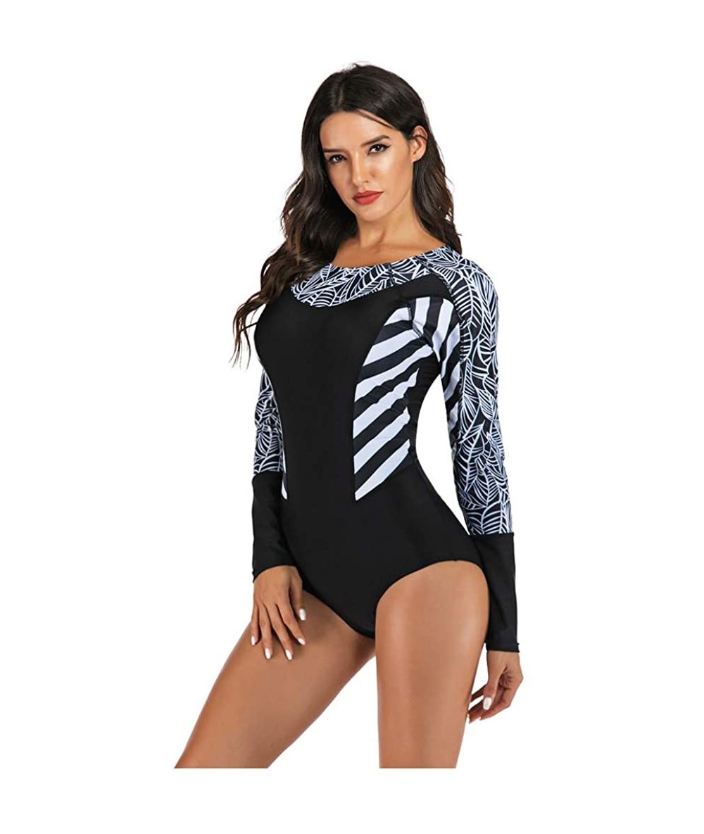 Bottoms Women Long Sleeve Swimsuit Surfing Rashguard One Piece Swimwear UV Protection Zip Triangle Bottom Bathing Suit Black ...