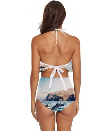 Board Shorts Women Ruffle Halter Swimsuit Backless Bikini Set Floral - Multi 16 - CV190ECALO2 $74.57