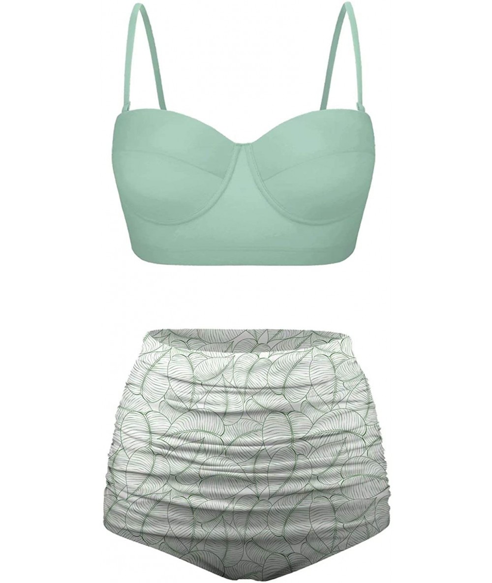 Sets Classic Abstract Tropical Monstera Leaf Seamless Pattern Bikini Set - Green-4 - CY196D8R398 $65.72