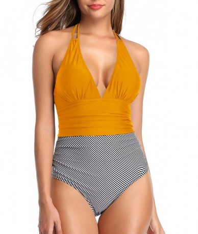 One-Pieces Women Tummy Control One Piece Swimsuit Halter V Neck Striped Bathing Suit - Tangerine - CT199MTUACU $47.08