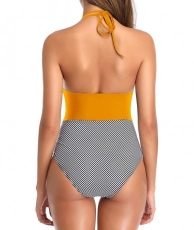 One-Pieces Women Tummy Control One Piece Swimsuit Halter V Neck Striped Bathing Suit - Tangerine - CT199MTUACU $47.08