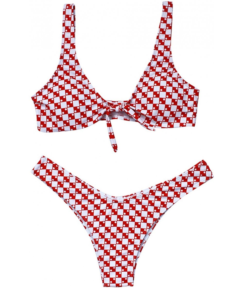 Sets Two Piece Front Knot Bikini Brazilian Swimsuit Solid Color - Deep Red - C418EM23T4T $30.38