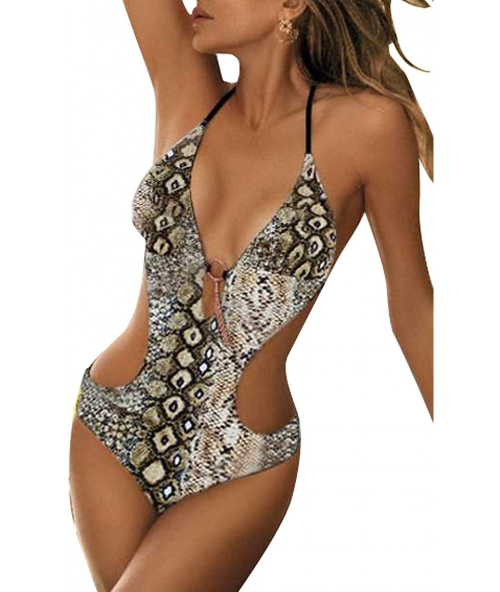 One-Pieces Women Sexy Strappy Printed Hollow Out Sleeveless Swimsuit One Piece Bathing Suit - Brown - CA1908GKSS2 $40.49