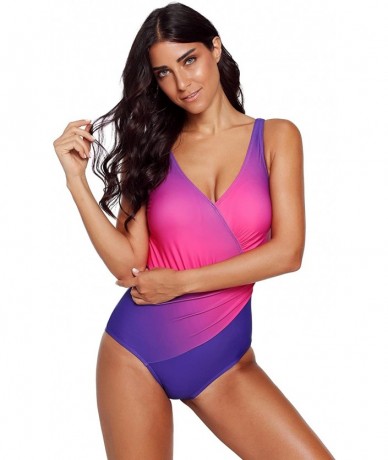 One-Pieces Women Sexy One Piece Padded Print Monokini Athletic Swimsuit Bathing Suit - Purple Blue - CW18NX6GGYK $36.14