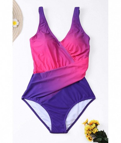 One-Pieces Women Sexy One Piece Padded Print Monokini Athletic Swimsuit Bathing Suit - Purple Blue - CW18NX6GGYK $36.14