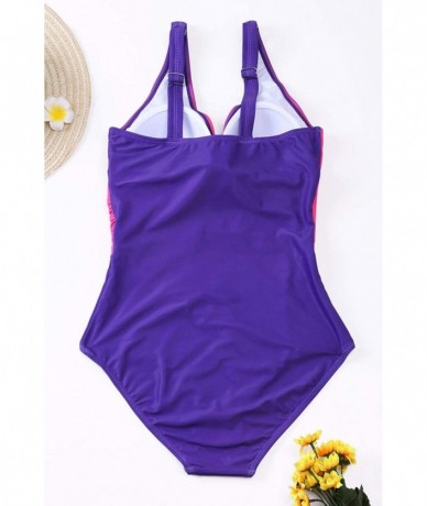 One-Pieces Women Sexy One Piece Padded Print Monokini Athletic Swimsuit Bathing Suit - Purple Blue - CW18NX6GGYK $36.14