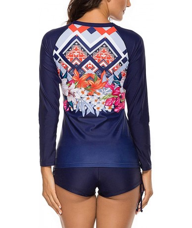 Rash Guards Womens Long Sleeve Rash Guard Wetsuit 2 Piece Tankini Sets Swimsuits - Navy - CD19689OGGQ $51.81